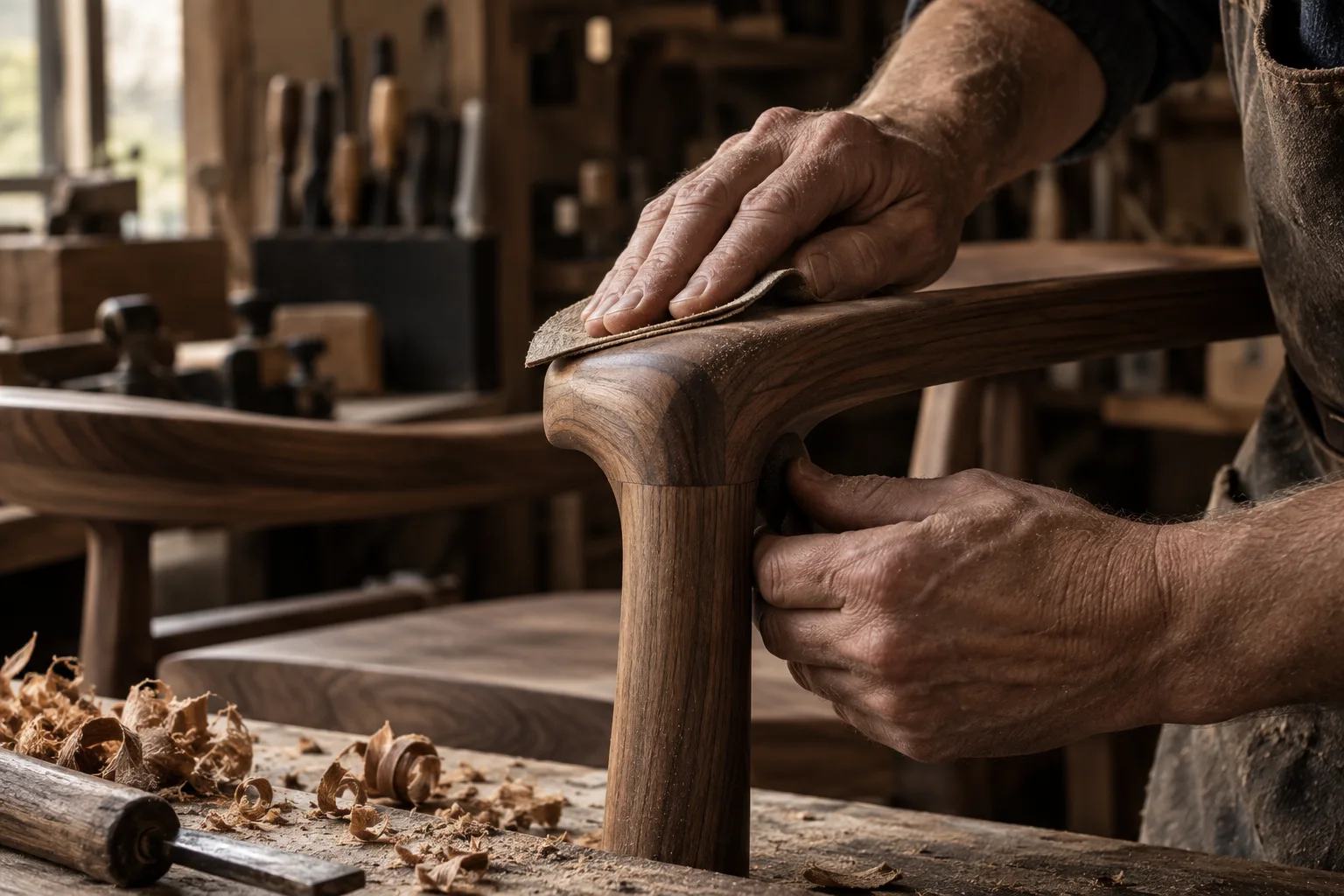 Le mani di un artigiano levigano il legno di noce